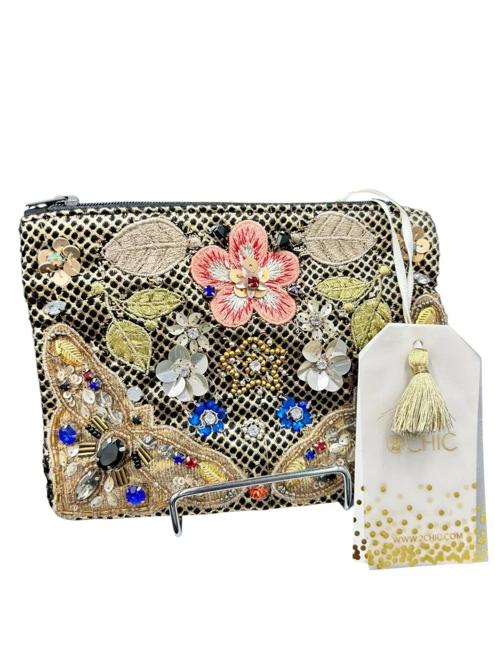 2 Chic NWT Embellished Floral Beaded Sequin Clutch Pouch Black Gold